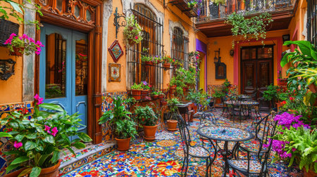 Discover a charming courtyard adorned with vibrant plants and colorful tiles, creating an inviting atmosphere perfect for relaxation and enjoyment.の素材