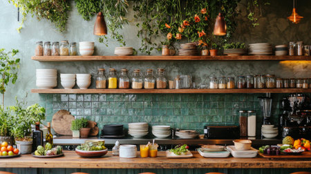 A cozy modern kitchen featuring fresh vegetables, herbs, and natural decor. Elegant wooden shelves house plates and jars, fostering a warm atmosphere.の素材