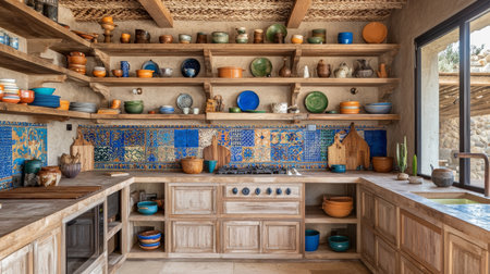 Explore a cozy rustic kitchen featuring vibrant pottery and unique tiles. The warm wooden shelves showcase colorful ceramic pieces, creating an inviting atmosphere.の素材