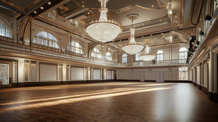A stunning ballroom showcasing elegance with crystal chandeliers and polished wooden floors. Ideal for events, this spacious venue exudes luxury and charm.の素材