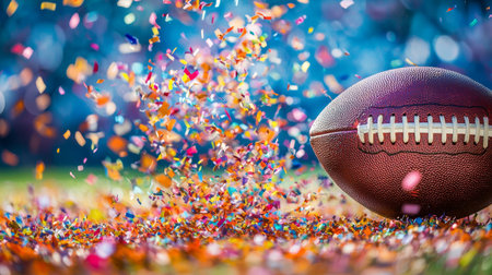A vibrant American football surrounded by an explosion of colorful confetti on a green field, capturing the essence of celebration and sportsmanship during an exciting game.の素材