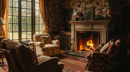 A charming vintage living room featuring a cozy fireplace, floral wallpaper, and inviting seating, perfect for relaxation and warmth on cold days.の素材