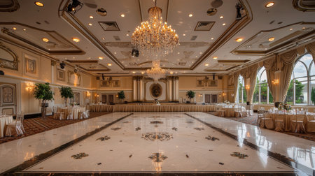 An elegant banquet hall featuring stunning chandeliers and luxurious decor, perfect for events, receptions, and celebrations. The spacious venue exudes sophistication.の素材