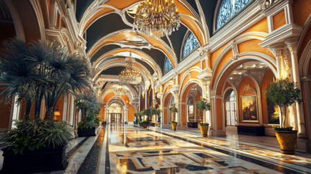 A stunning view of a luxurious hotel lobby featuring ornate architecture, elegant chandeliers, and lush greenery, creating a warm and inviting atmosphere.の素材