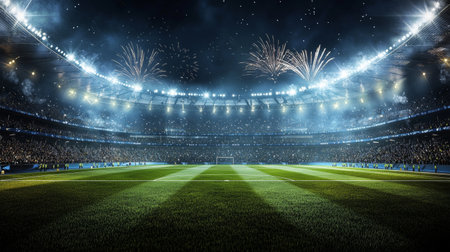 A captivating view of a nighttime soccer stadium illuminated by bright lights and colorful fireworks, showcasing an enthusiastic crowd enjoying the thrilling atmosphere.の素材