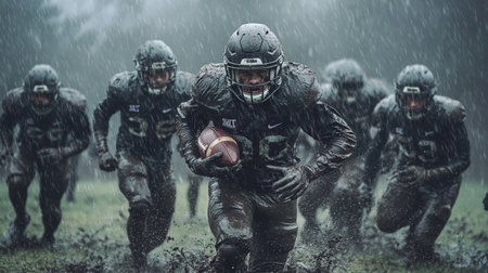 A group of football players charging through rain and mud, showcasing determination and teamwork during a challenging practice session.の素材