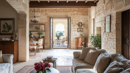 A sunlit Mediterranean living room featuring rustic stone walls, comfortable furnishings, and potted plants creates a warm and inviting atmosphere for relaxation and gatherings.の素材