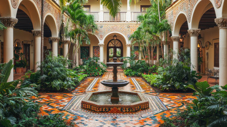 A serene courtyard featuring a beautiful fountain surrounded by lush tropical plants and vibrant tiles, perfect for relaxation and peaceful moments.の素材