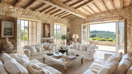 A charming rustic living room featuring stone walls and wooden beams. Enjoy breathtaking countryside views from large windows, creating a cozy and inviting space.の素材