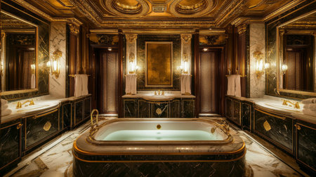 Experience the epitome of luxury in this stunning bathroom featuring gold accents, elegant marble, and opulent design elements, perfect for relaxation.の素材