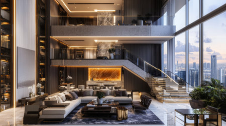 A luxurious modern living room featuring stylish furniture, elegant decor, and stunning city views at sunset. Perfect for showcasing contemporary lifestyle design.の素材