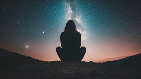 A serene silhouette of a woman sits quietly under a vast starry sky, highlighting the breathtaking Milky Way, evoking feelings of peace and contemplation.の素材