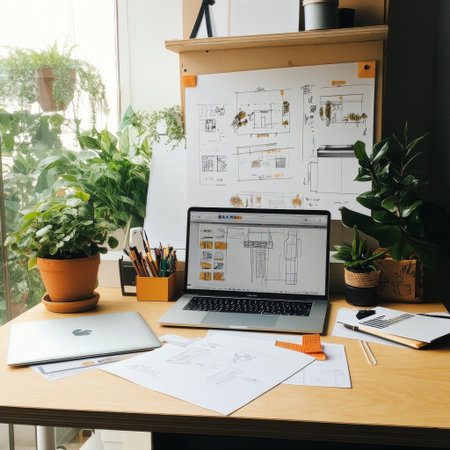 Bright and inviting modern workspace featuring a laptop, design sketches, and lush greenery. A perfect blend of creativity and functionality for inspiration.の素材