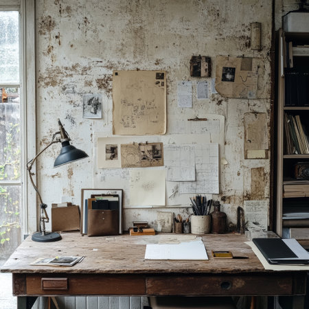 A charming artistic workspace showcases a rustic wooden desk illuminated by a vintage lamp, featuring scattered papers and a textured wall, ideal for creative projects.の素材