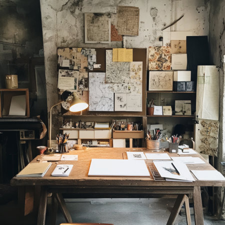 Discover a cozy art studio filled with unique decorations, art supplies, and a wooden desk, providing an inspiring environment for creativity and artistic exploration.の素材