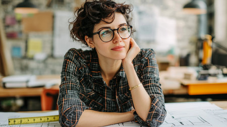 A thoughtful young woman with curly hair and glasses sits in a creative workspace, contemplating her design ideas with blueprints and tools spread out around her.の素材