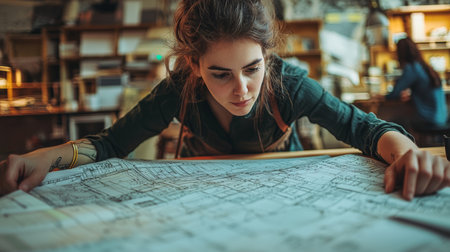 A young woman intently studies architectural plans on a table in a well-lit creative workspace. Her engagement highlights the focus and passion for design in her profession.の素材