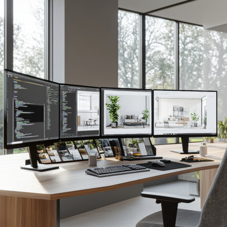 A modern office workspace featuring multiple monitors displaying coding and a bright design with greenery, creating an inspiring and productive environment.の素材