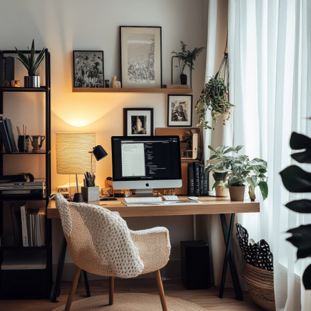 A cozy modern home office featuring a wooden desk with a computer, stylish chair, indoor plants, and warm lighting, creating an inviting atmosphere for work and creativity.の素材
