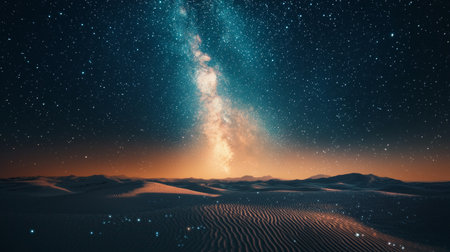 Experience the stunning beauty of a night sky filled with stars over serene desert dunes, where the Milky Way illuminates the tranquil landscape below.の素材
