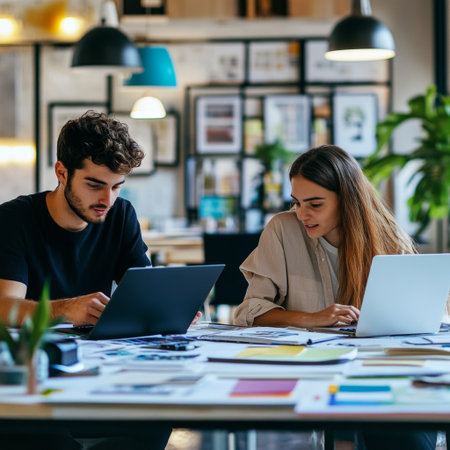 Two young professionals engage in a collaborative effort within a vibrant workspace. They focus on laptops and discuss creative ideas surrounded by colorful designs.の素材