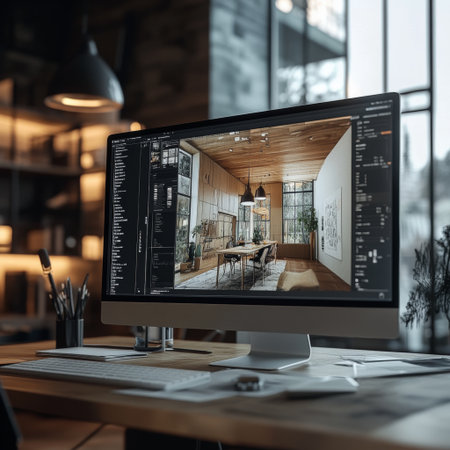 A modern workspace showcases a computer displaying an interior design project. The room features warm wooden elements and stylish decor, creating an inviting atmosphere.の素材