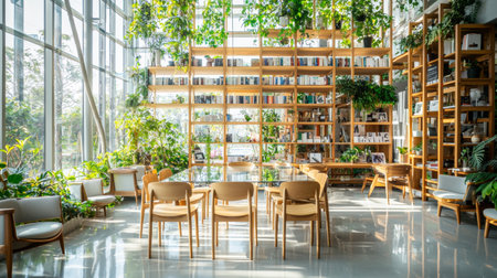A serene indoor library showcasing abundant greenery and modern design, featuring natural light, comfortable seating, and an inviting atmosphere for reading and relaxation.の素材