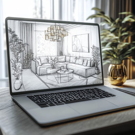 A laptop screen showcases a detailed sketch of a modern living room design concept, featuring stylish furniture, decor, and inviting ambiance, perfect for inspiration.の素材