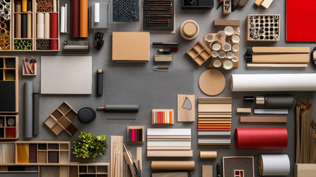 A visually captivating flat lay arrangement showcasing various art supplies, including paper types, tools, and decorative elements, perfect for creative inspiration.の素材