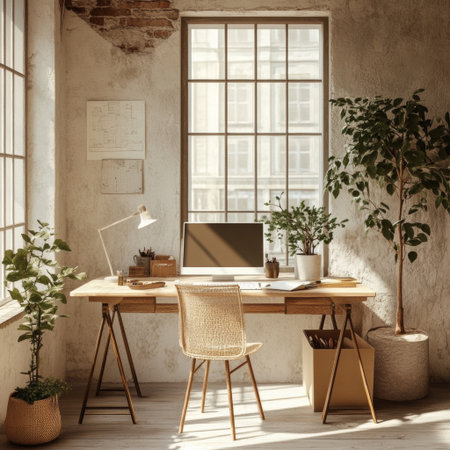 Discover an inviting home office setup featuring a sleek desk, comfortable chair, vibrant green plants, and abundant natural light for a productive and creative work experience.の素材