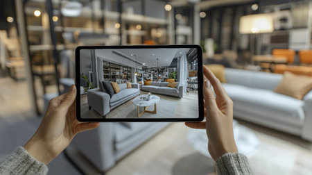 A person holds a tablet displaying a modern living room design with stylish furniture, creating an inviting atmosphere for relaxation and inspiration in home decor.の素材
