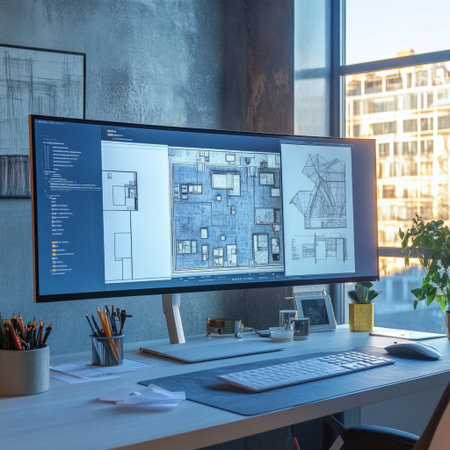 A modern workspace featuring dual monitors displaying detailed architectural plans, complemented by stylish decor, office essentials, and indoor plants for inspiration.の素材
