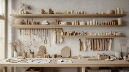 A serene and bright minimalist workspace showcases an array of wooden art supplies, decorative items, and organized tools, creating an inviting atmosphere for creativity.の素材
