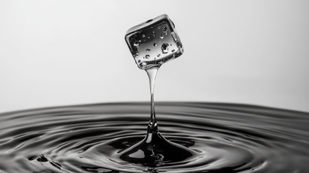 A captivating image of an ice cube suspended above water, creating ripples and droplets. This stunning visual showcases the beauty of motion and contrast in a minimalist style.の素材
