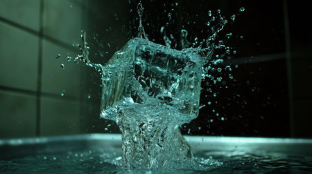 A captivating image of an ice cube splashing into water, creating dynamic movement and reflections, showcasing the beauty of chill and refreshment in a creative way.の素材