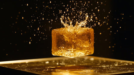 A captivating image of a frozen cube of ice making a dramatic splash, showcasing water droplets in mid-air against a dark backdrop, highlighting beauty and movement.の素材