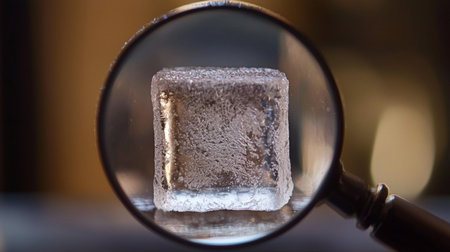 A detailed close-up of a clear ice cube observed through a magnifying glass, showcasing intricate textures and reflections against a softly blurred background.の素材