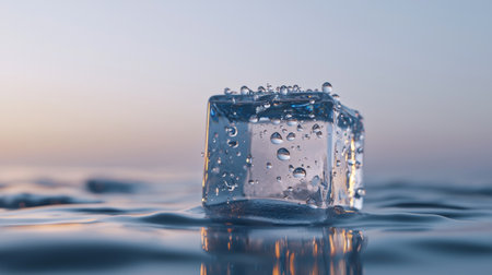 A single crystal ice cube floats on a still water surface, glistening with tiny droplets, capturing the essence of tranquility and refreshing beauty during sunset.の素材