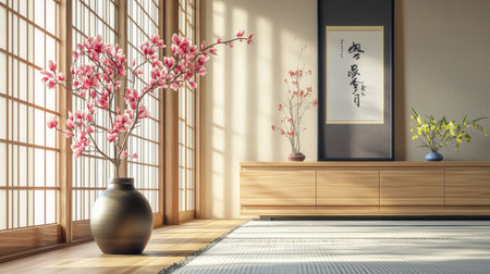 A serene Japanese interior featuring cherry blossoms in elegant vases, complemented by soft natural light and minimalistic wooden furniture, creating a calming atmosphere.の素材