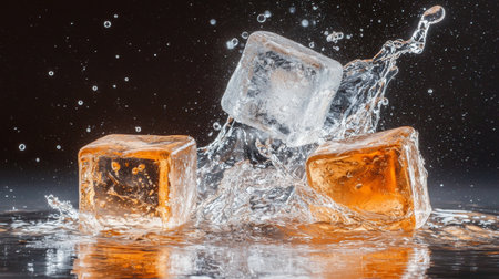 Captivating image capturing the moment ice cubes splash into amber liquid, creating a vibrant scene ideal for beverage promotion, cocktail inspirations, and summer refreshment themes.の素材