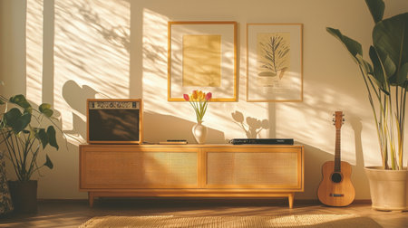 A warm and inviting living room scene featuring wooden furniture, a vase of tulips, and decorative plants, all beautifully lit by soft sunlight, creating a serene atmosphere.の素材