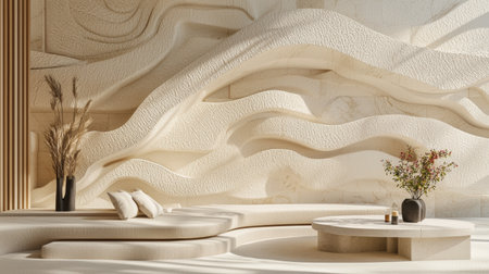 A modern living space showcasing a textured wall and minimalist furniture. This cozy arrangement invites relaxation and tranquility, perfect for contemporary aesthetics.の素材