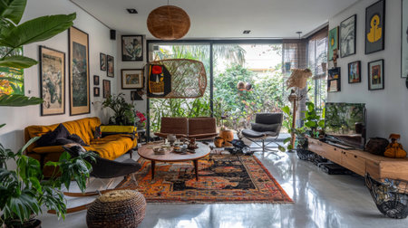 Discover a charming living room that combines modern decor with lush indoor plants, creating a stylish and inviting space filled with natural light and artistic flair.の素材