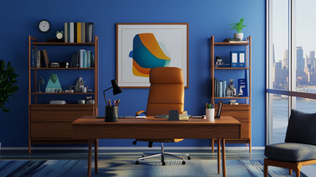 Bright and modern office space featuring a stylish desk, comfortable chair, vibrant wall art, and large windows with a stunning cityscape view inspiring productivity.の素材