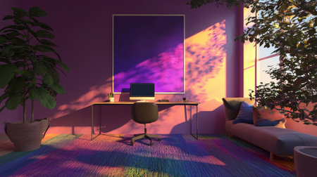 A stylish modern home office featuring vibrant purple walls, a sleek desk with a computer, natural light casting colorful shadows, and a cozy atmosphere perfect for creativity.の素材