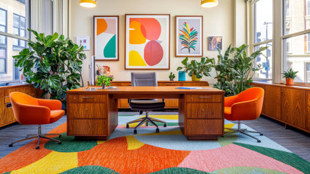 Bright and airy office environment featuring stylish furniture, vibrant decor, and lush plants, creating an inviting space perfect for creativity and productivity.の素材