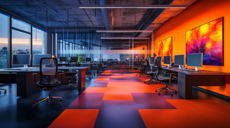 A stunning modern office interior featuring vibrant colors and sleek workstations. This inspiring workspace is ideal for creativity and productivity, with scenic city views.の素材