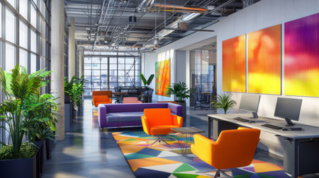 Explore a vibrant modern office space featuring colorful seating, lush plants, and artistic decor. This creative workspace encourages productivity and innovation.の素材