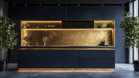 A striking modern kitchen featuring sleek black cabinetry paired with stylish gold accents, elegant lighting, and a minimalist decor that enhances contemporary living.の素材