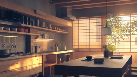 A beautifully designed modern kitchen blends minimalist aesthetics with wooden elements, bathed in warm natural light, ideal for cooking and dining experiences.の素材